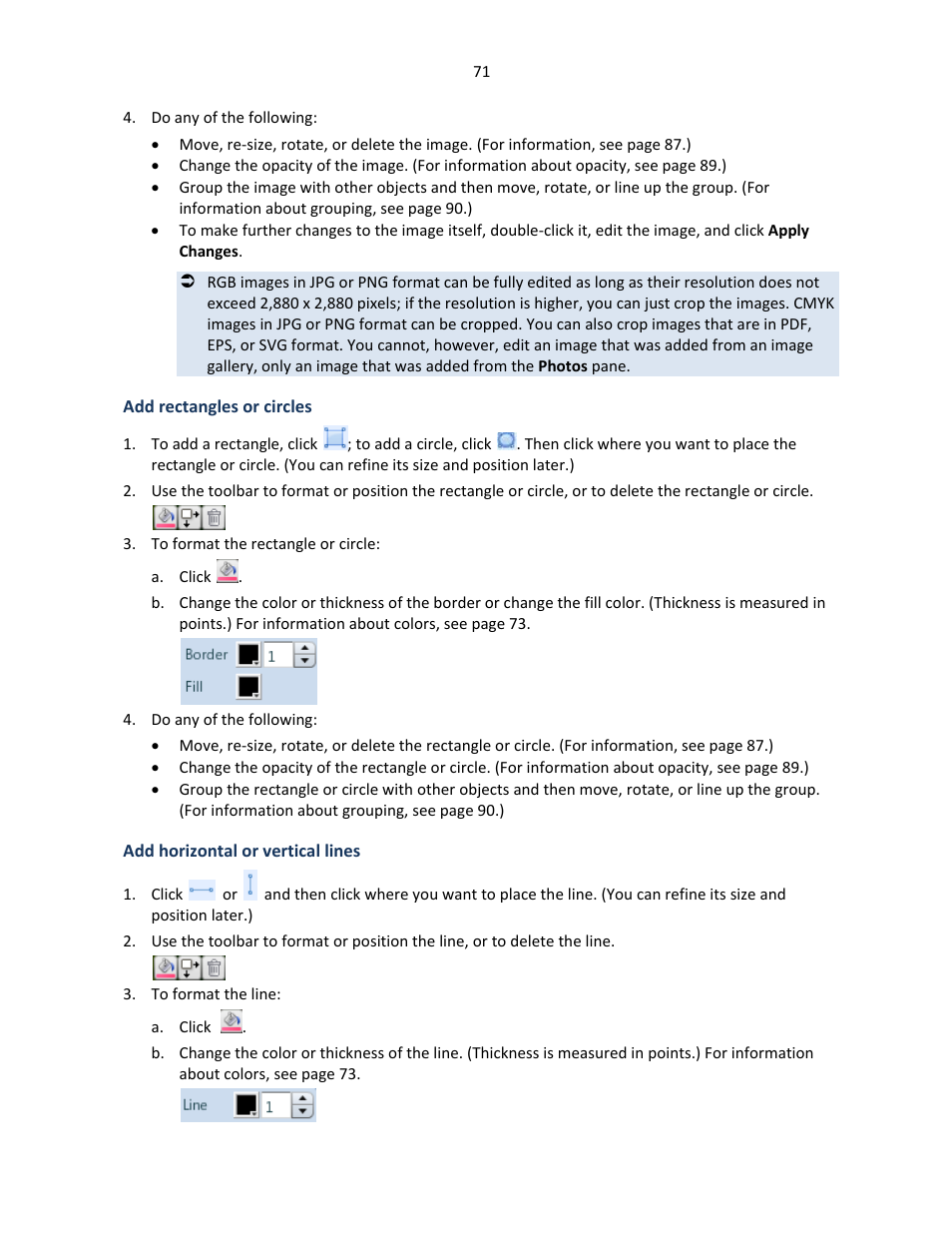 Add rectangles or circles, Add horizontal or vertical lines | Konica Minolta Digital StoreFront User Manual | Page 71 / 127