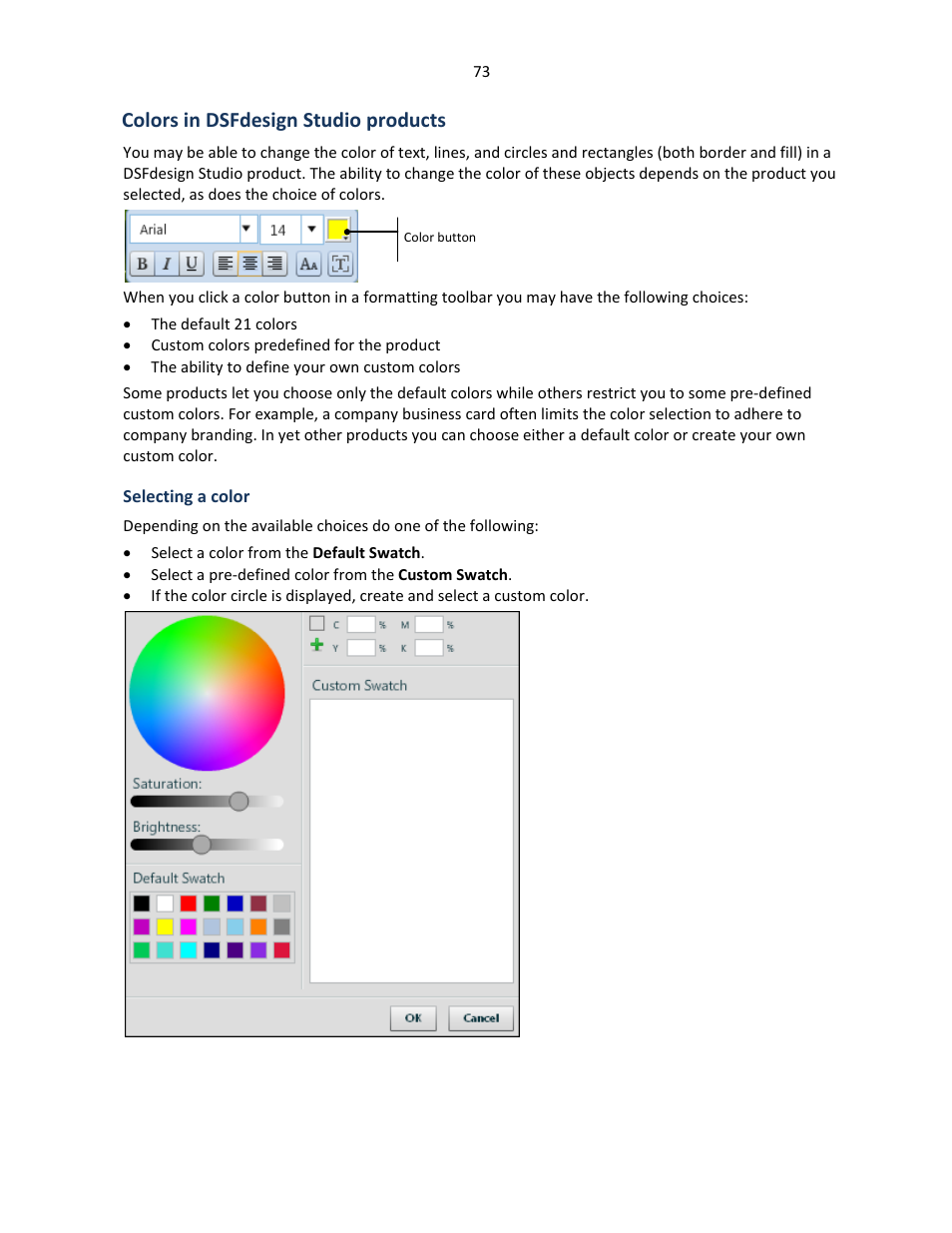 Colors in dsfdesign studio products, Selecting a color, E 73 | Konica Minolta Digital StoreFront User Manual | Page 73 / 127