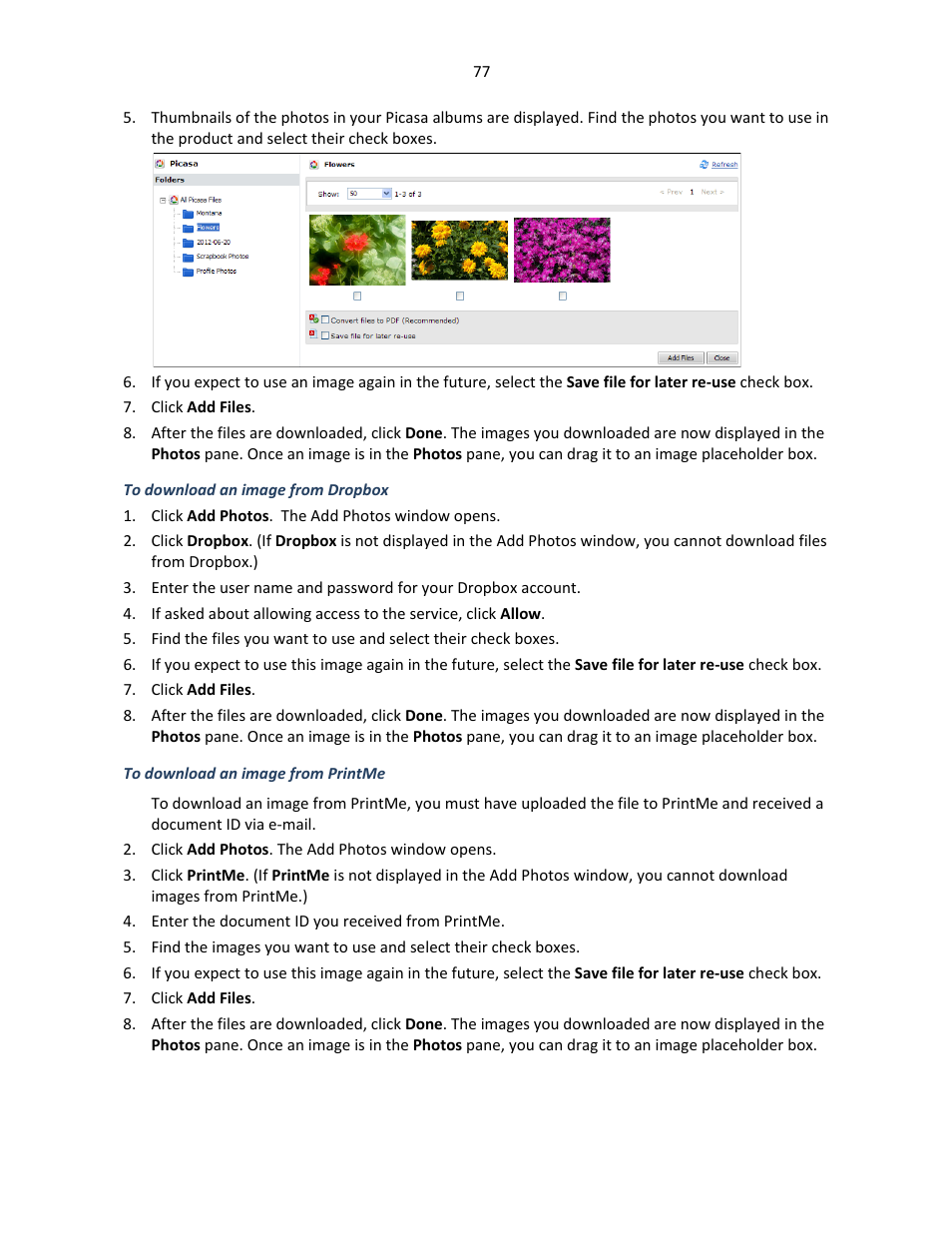 To download an image from dropbox, To download an image from printme | Konica Minolta Digital StoreFront User Manual | Page 77 / 127