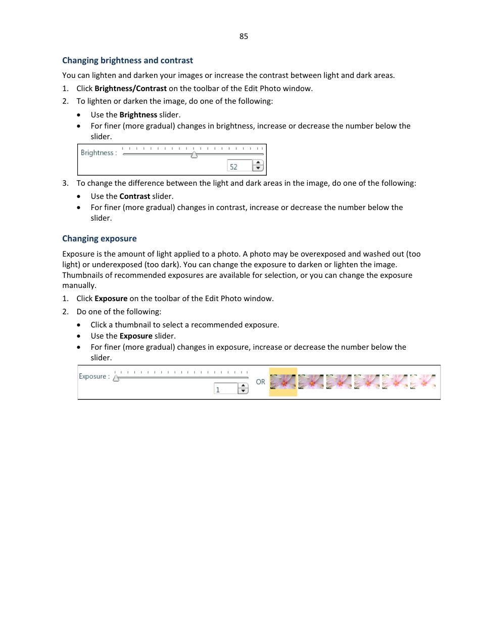 Changing brightness and contrast, Changing exposure, Ge 85 | Konica Minolta Digital StoreFront User Manual | Page 85 / 127