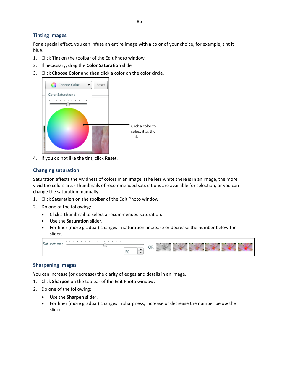 Tinting images, Changing saturation, Sharpening images | Konica Minolta Digital StoreFront User Manual | Page 86 / 127