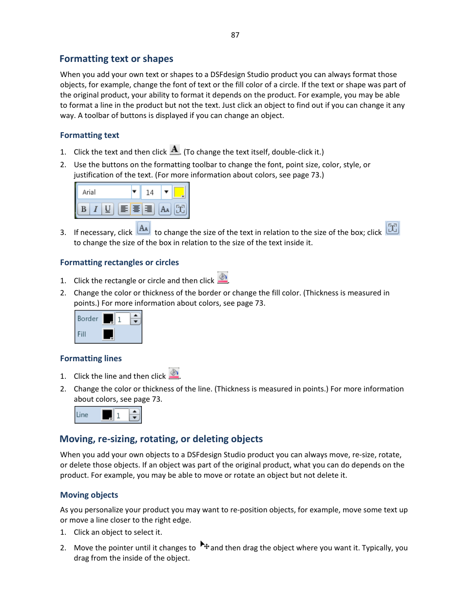 Formatting text or shapes, Formatting text, Formatting rectangles or circles | Formatting lines, Moving, re-sizing, rotating, or deleting objects, Moving objects | Konica Minolta Digital StoreFront User Manual | Page 87 / 127