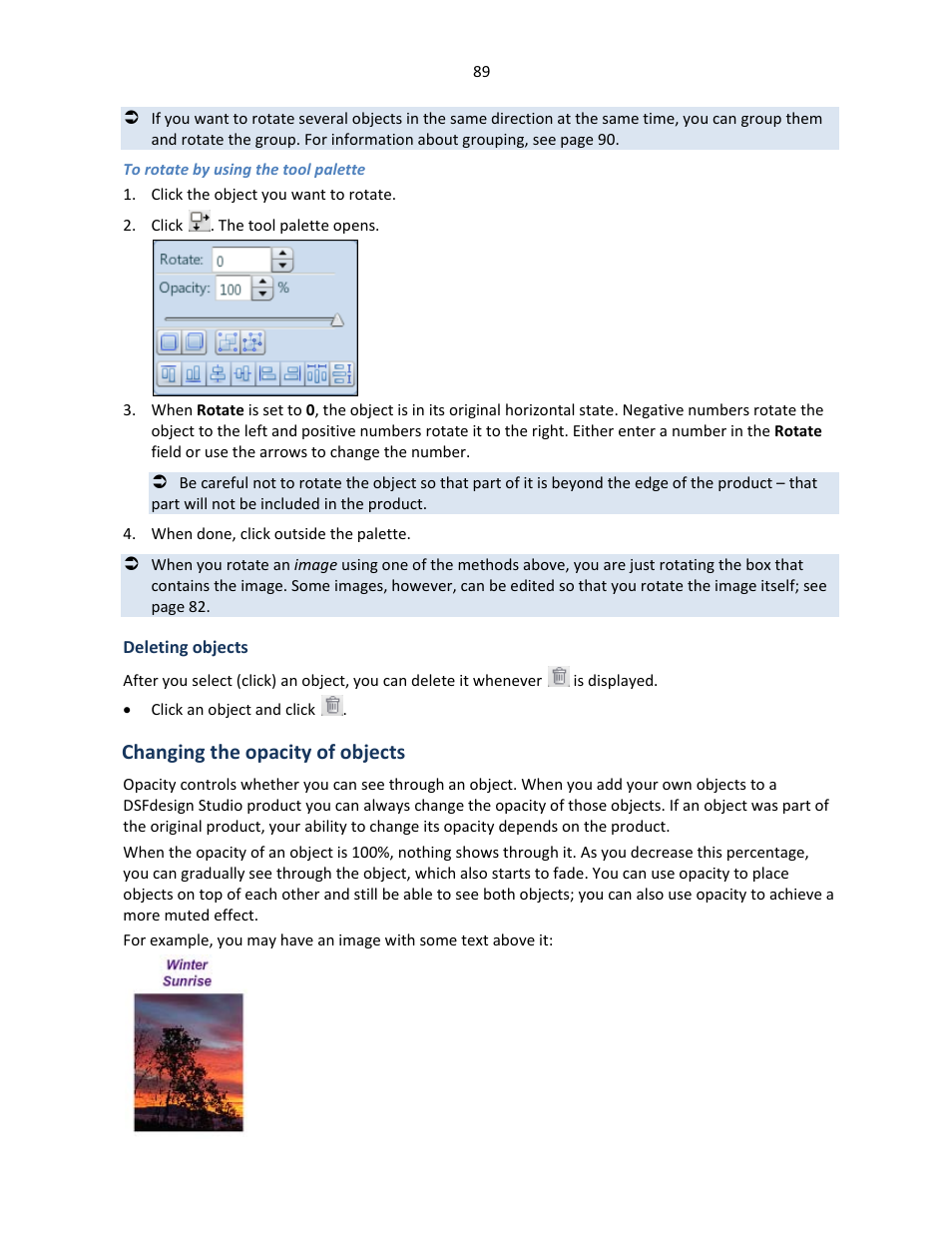 Deleting objects, Changing the opacity of objects, Ge 89 | Konica Minolta Digital StoreFront User Manual | Page 89 / 127