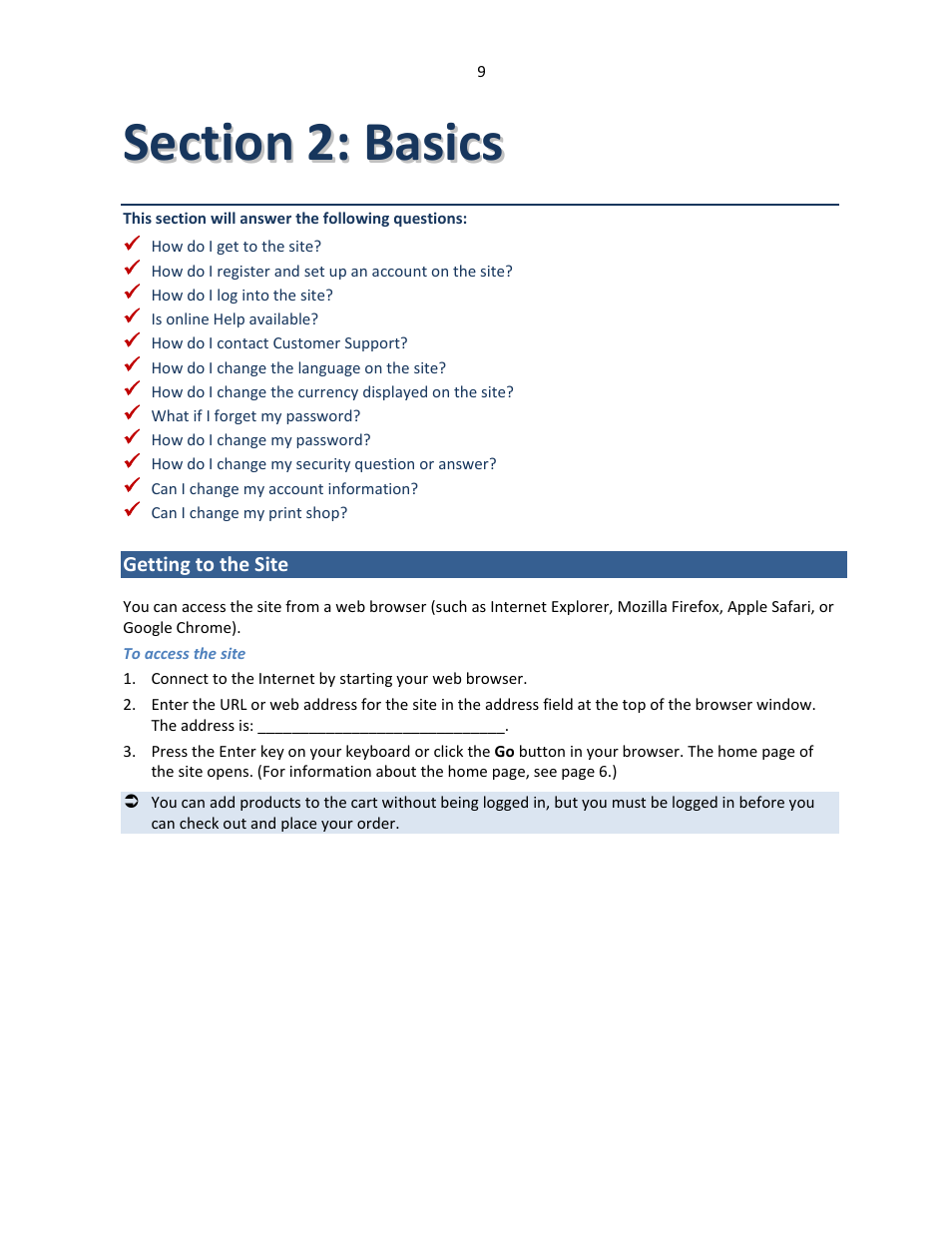 Section 2: basics, Getting to the site | Konica Minolta Digital StoreFront User Manual | Page 9 / 127