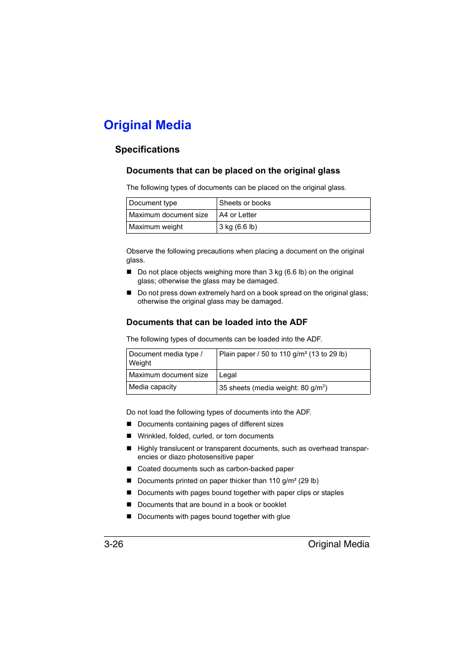 Original media, Specifications, Documents that can be placed on the original glass | Documents that can be loaded into the adf, Original media -26, Specifications -26, Original media 3-26 | Konica Minolta magicolor 1690MF User Manual | Page 107 / 285