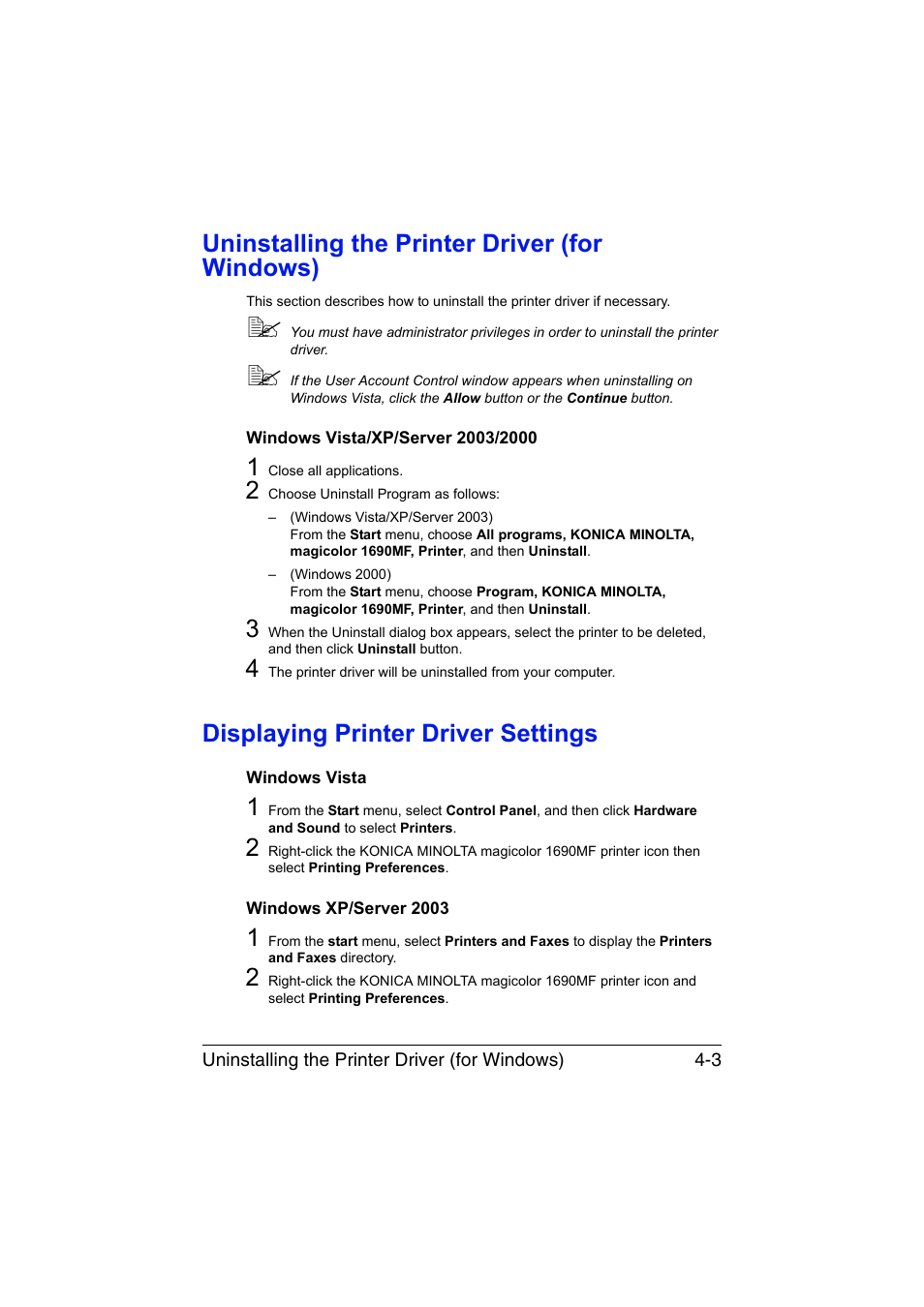 Uninstalling the printer driver (for windows), Windows vista/xp/server 2003/2000, Displaying printer driver settings | Windows vista, Windows xp/server 2003, Uninstalling the printer driver (for windows) -3, Windows vista/xp/server 2003/2000 -3, Displaying printer driver settings -3, Windows vista -3 windows xp/server 2003 -3 | Konica Minolta magicolor 1690MF User Manual | Page 114 / 285