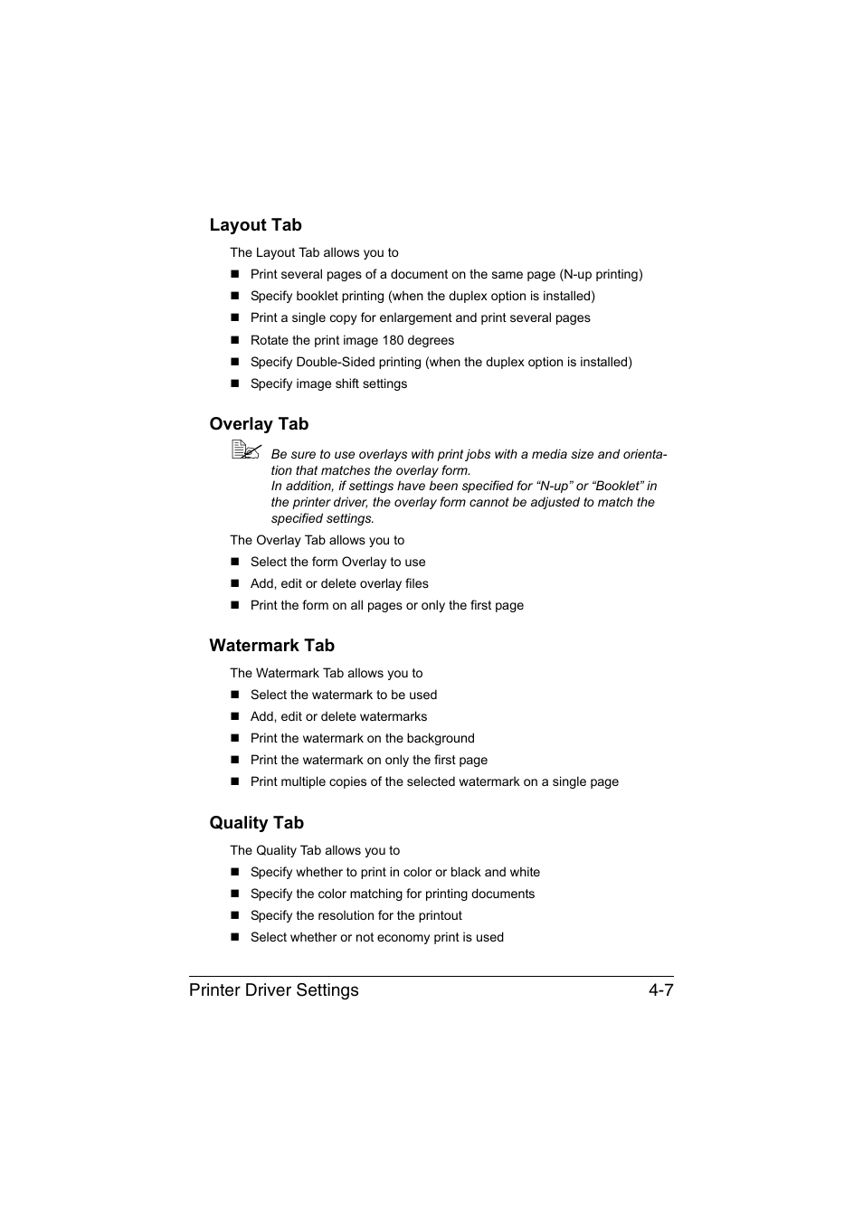 Layout tab, Overlay tab, Watermark tab | Quality tab, Printer driver settings 4-7 layout tab | Konica Minolta magicolor 1690MF User Manual | Page 118 / 285