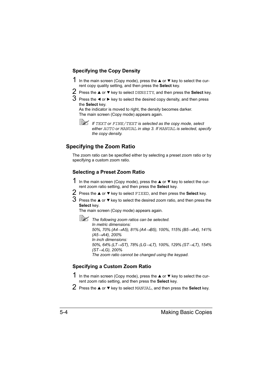 Specifying the copy density, Specifying the zoom ratio, Selecting a preset zoom ratio | Specifying a custom zoom ratio, Specifying the copy density -4, Specifying the zoom ratio -4 | Konica Minolta magicolor 1690MF User Manual | Page 123 / 285