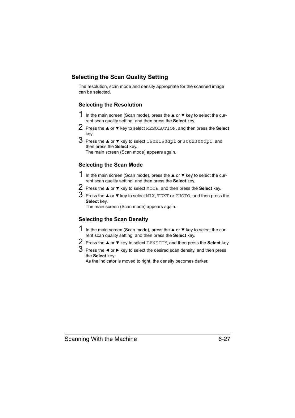 Selecting the scan quality setting, Selecting the resolution, Selecting the scan mode | Selecting the scan density, Selecting the scan quality setting -27 | Konica Minolta magicolor 1690MF User Manual | Page 160 / 285