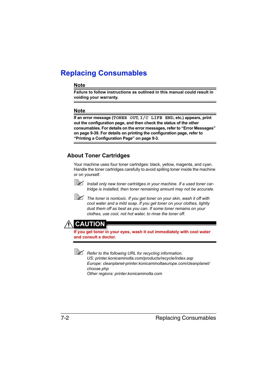 Replacing consumables, About toner cartridges, Replacing consumables -2 | About toner cartridges -2, Caution | Konica Minolta magicolor 1690MF User Manual | Page 165 / 285