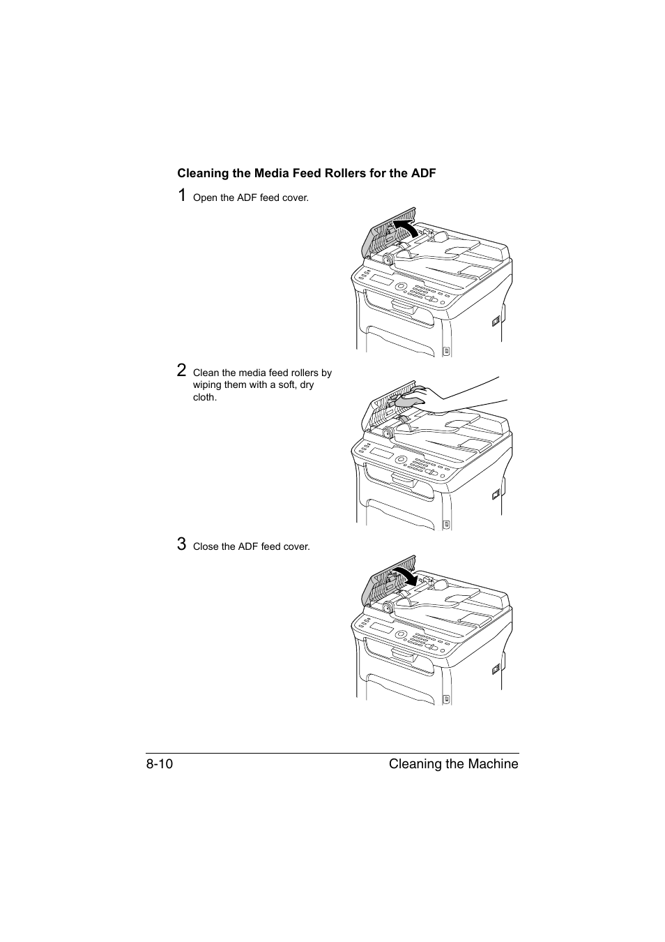 Cleaning the media feed rollers for the adf, Cleaning the media feed rollers for the adf -10, Cleaning the machine 8-10 | Konica Minolta magicolor 1690MF User Manual | Page 197 / 285