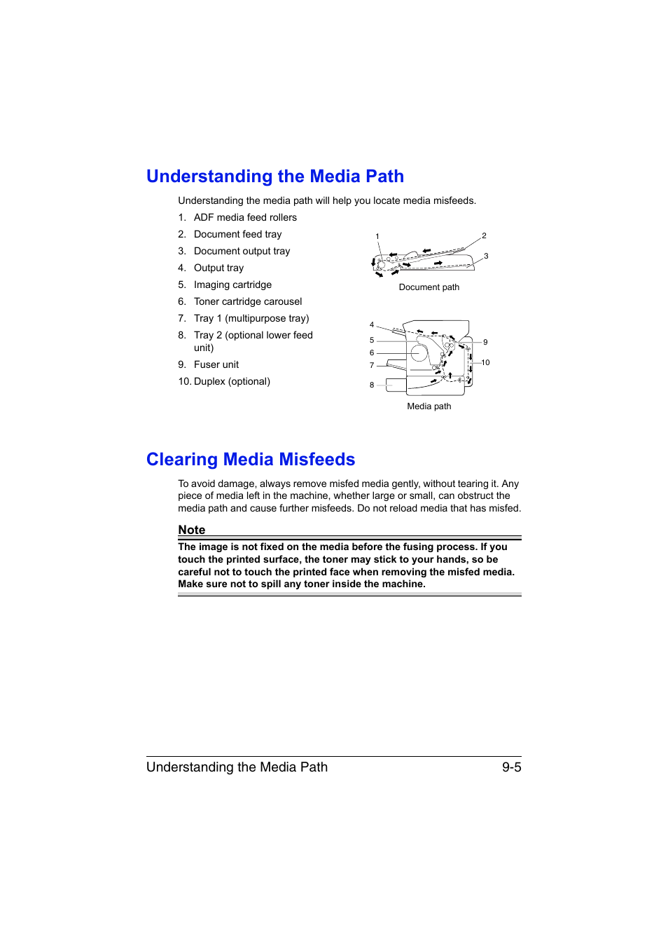 Understanding the media path, Clearing media misfeeds, Understanding the media path 9-5 | Konica Minolta magicolor 1690MF User Manual | Page 216 / 285