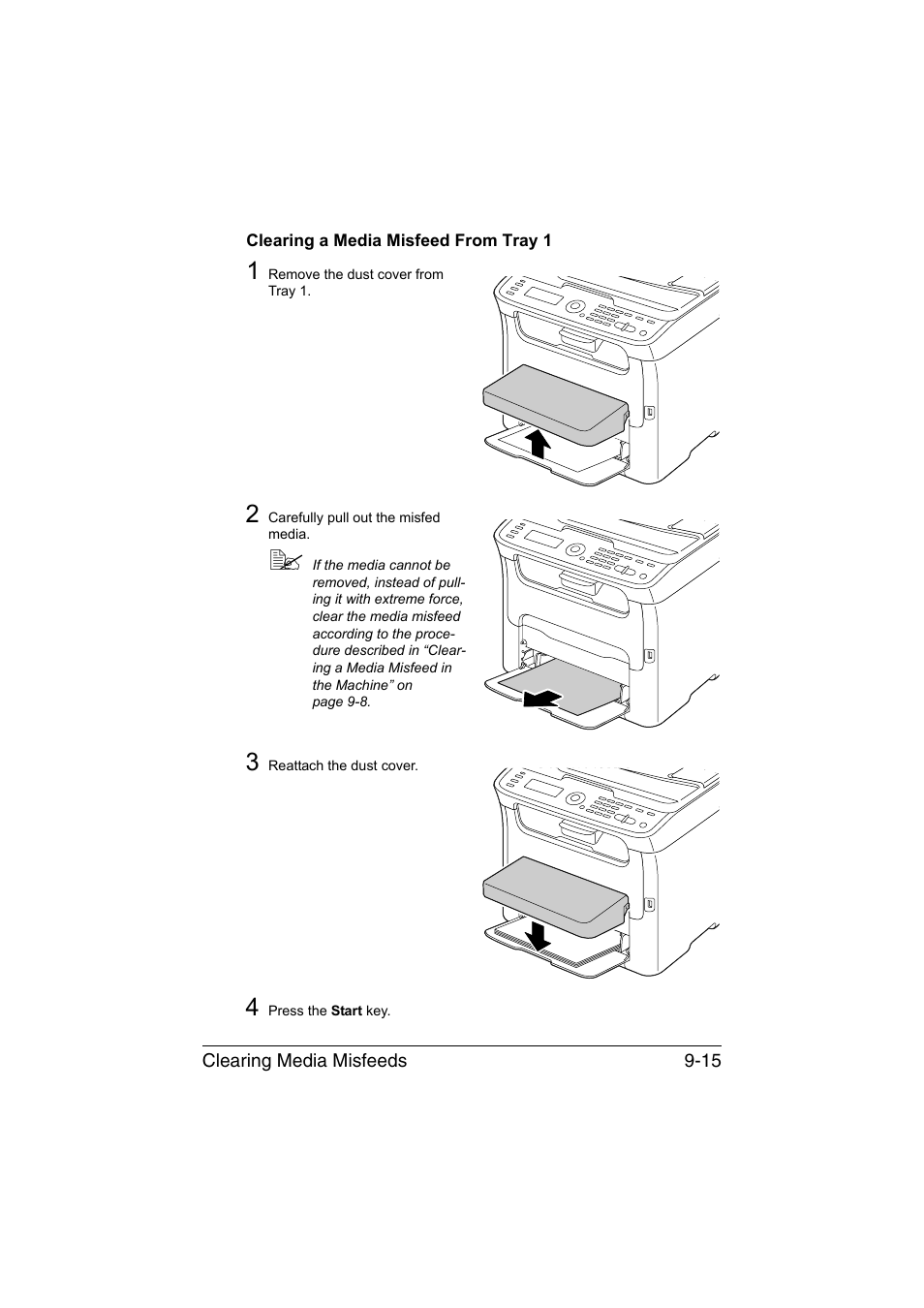 Clearing a media misfeed from tray 1, Clearing a media misfeed from tray 1 -15 | Konica Minolta magicolor 1690MF User Manual | Page 226 / 285