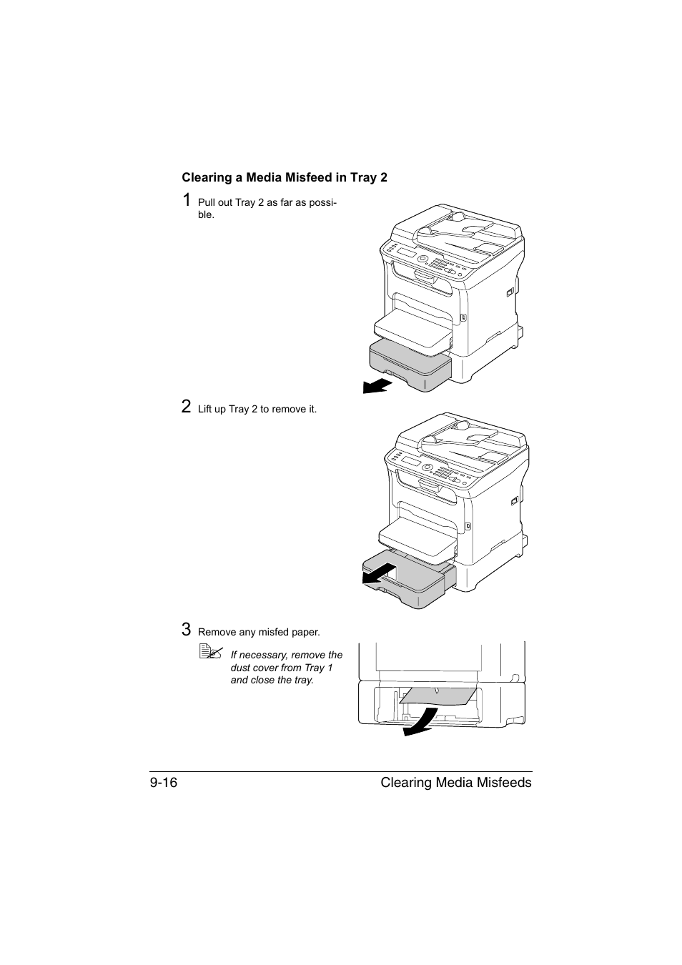 Clearing a media misfeed in tray 2, Clearing a media misfeed in tray 2 -16 | Konica Minolta magicolor 1690MF User Manual | Page 227 / 285