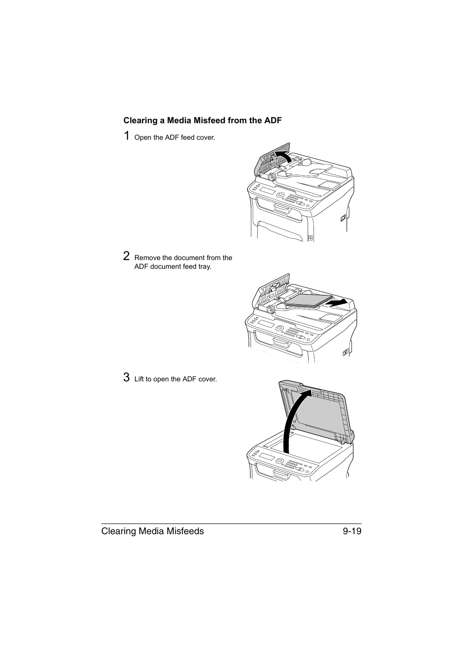 Clearing a media misfeed from the adf, Clearing a media misfeed from the adf -19 | Konica Minolta magicolor 1690MF User Manual | Page 230 / 285