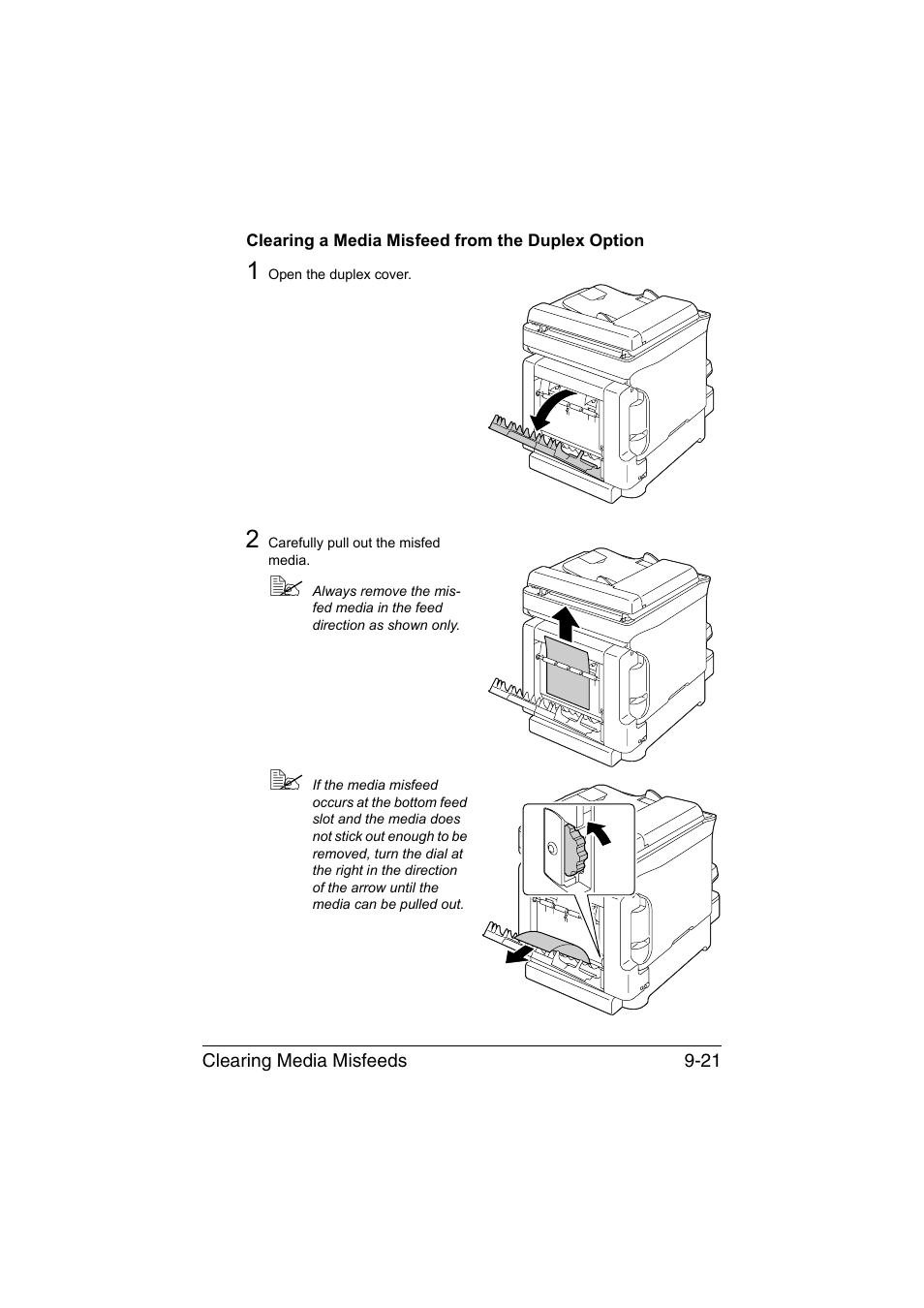 Clearing a media misfeed from the duplex option | Konica Minolta magicolor 1690MF User Manual | Page 232 / 285