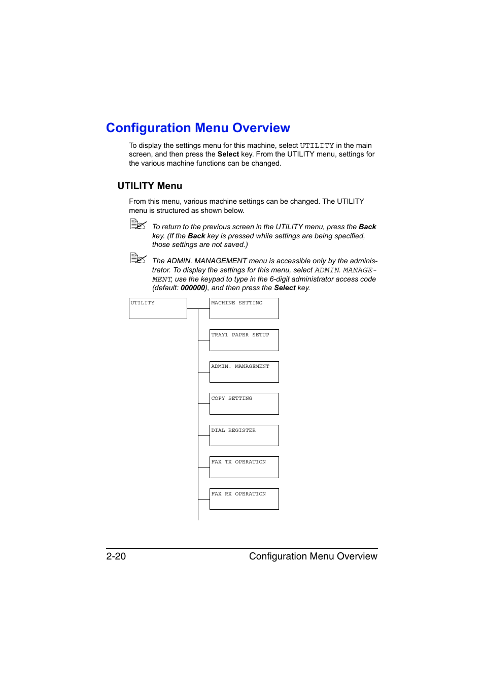 Configuration menu overview, Utility menu, Configuration menu overview -20 | Utility menu -20, Configuration menu overview 2-20 | Konica Minolta magicolor 1690MF User Manual | Page 47 / 285