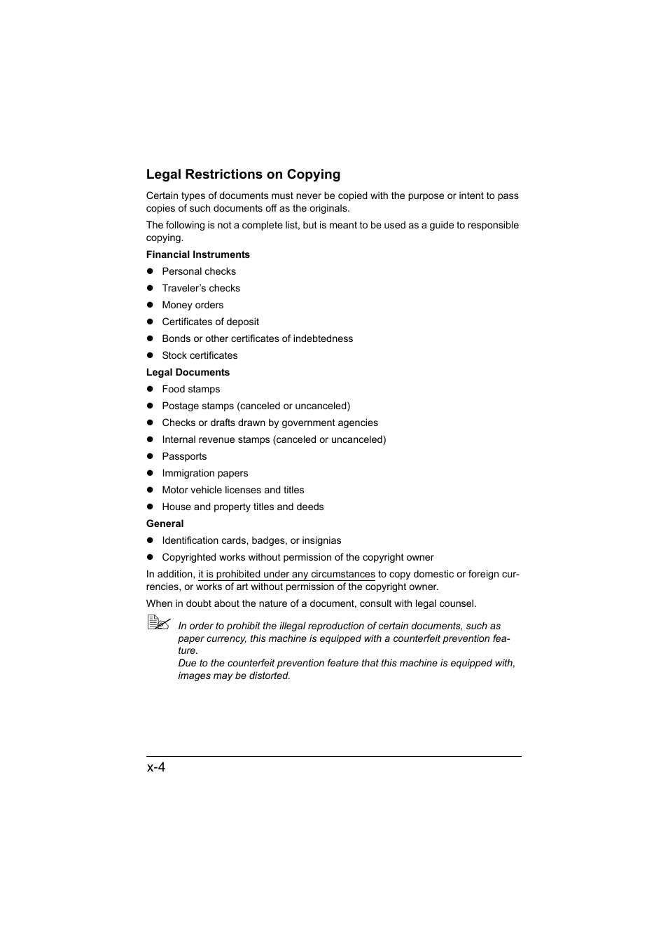 X-4 legal restrictions on copying | Konica Minolta magicolor 1690MF User Manual | Page 5 / 285