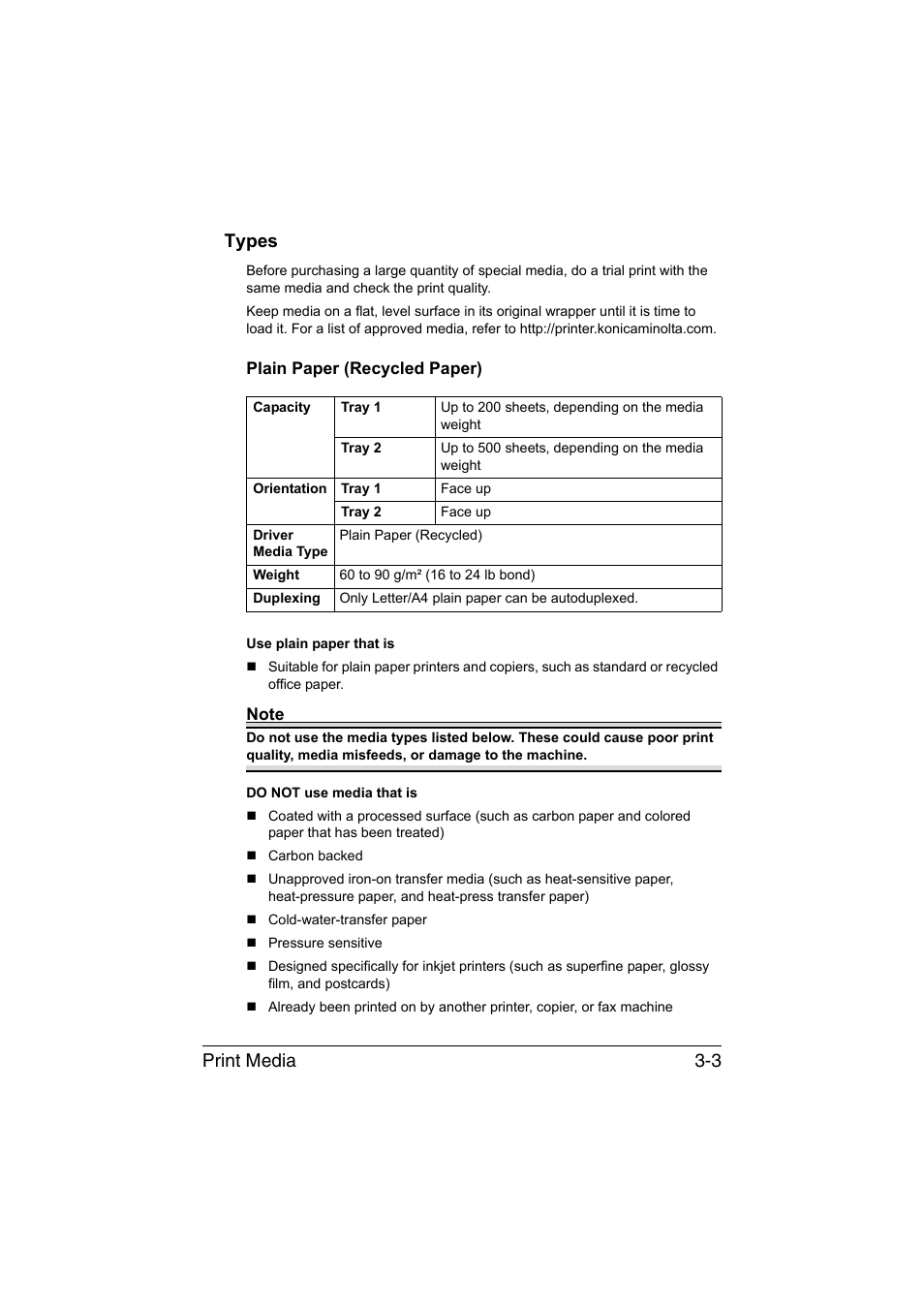 Types, Plain paper (recycled paper), Types -3 | Plain paper (recycled paper) -3, Print media 3-3 types | Konica Minolta magicolor 1690MF User Manual | Page 84 / 285