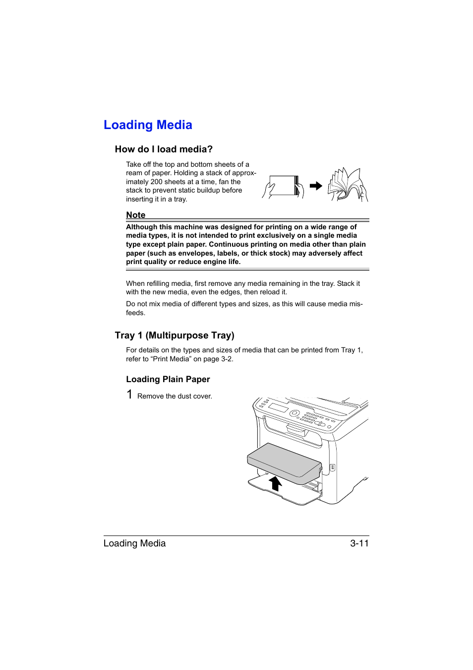 Loading media, How do i load media, Tray 1 (multipurpose tray) | Loading plain paper, Loading media -11, Loading plain paper -11 | Konica Minolta magicolor 1690MF User Manual | Page 92 / 285