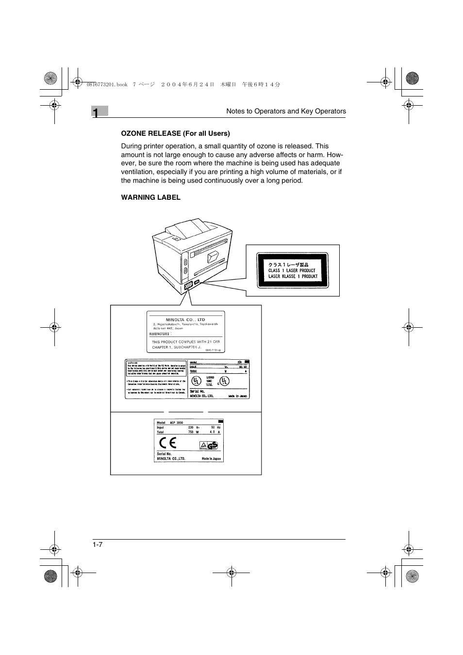 Ozone release (for all users), Warning label, Ozone release (for all users) -7 warning label -7 | Konica Minolta MS7000 MKII User Manual | Page 21 / 112