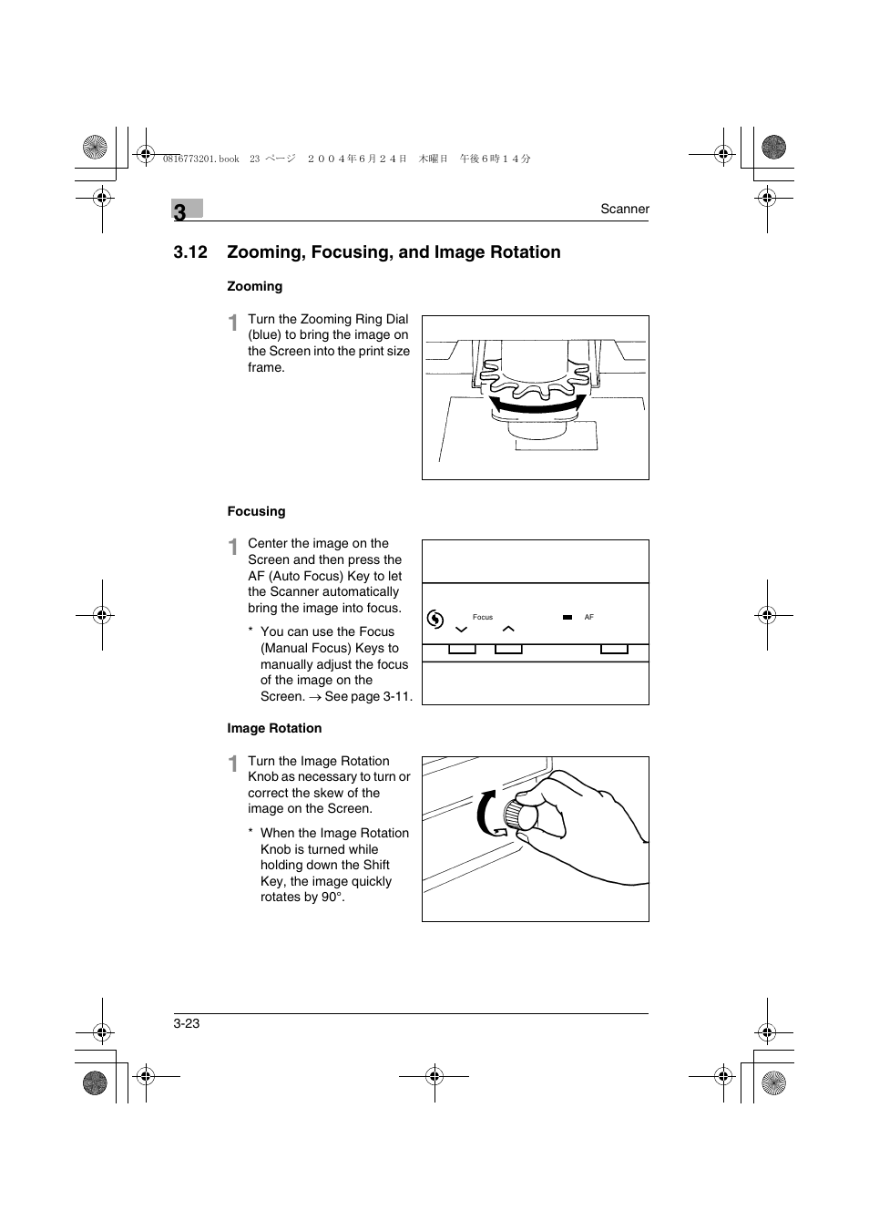 12 zooming, focusing, and image rotation, Zooming, Focusing | Image rotation, 12 zooming, focusing, and image rotation -23, Zooming -23 focusing -23 image rotation -23 | Konica Minolta MS7000 MKII User Manual | Page 49 / 112