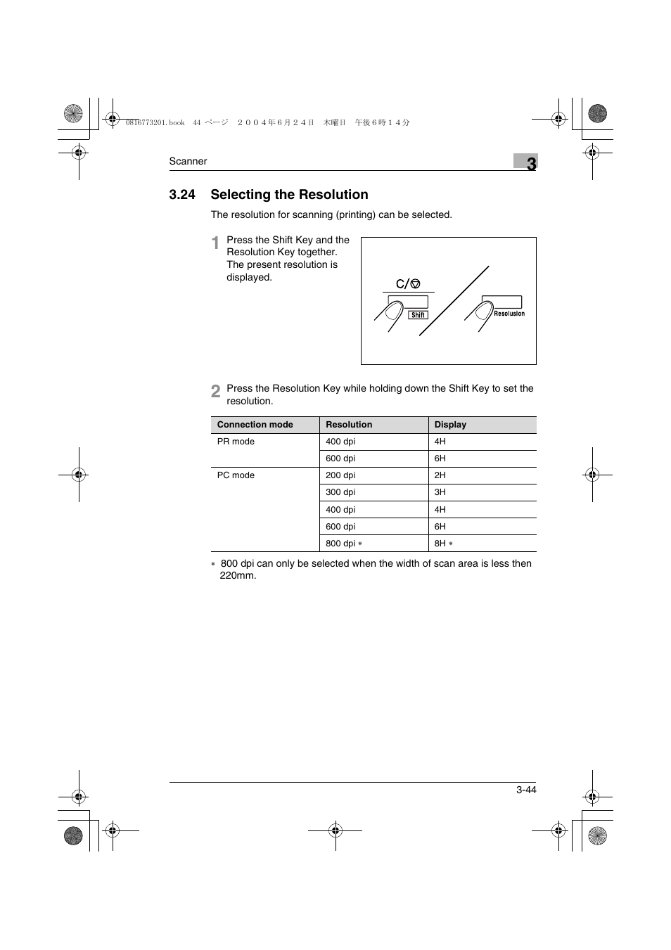 24 selecting the resolution, 24 selecting the resolution -44 | Konica Minolta MS7000 MKII User Manual | Page 70 / 112