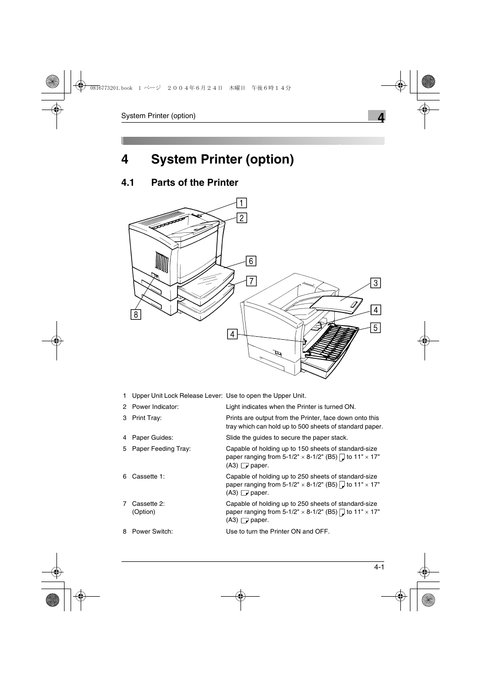 4 system printer (option), 1 parts of the printer, System printer (option) | Parts of the printer -1, 4system printer (option) | Konica Minolta MS7000 MKII User Manual | Page 80 / 112