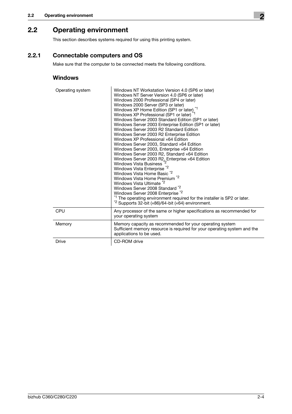 2 operating environment, 1 connectable computers and os, Windows | Operating environment -4, Connectable computers and os -4 windows -4 | Konica Minolta BIZHUB C360 User Manual | Page 10 / 72