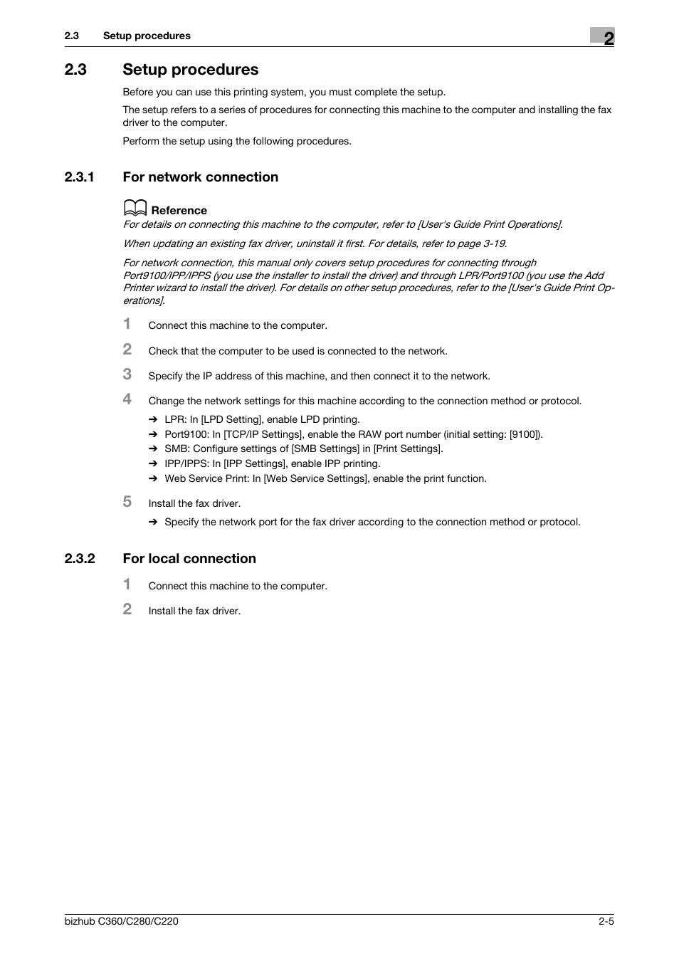 3 setup procedures, 1 for network connection, 2 for local connection | Setup procedures -5, For network connection -5, For local connection -5 | Konica Minolta BIZHUB C360 User Manual | Page 11 / 72