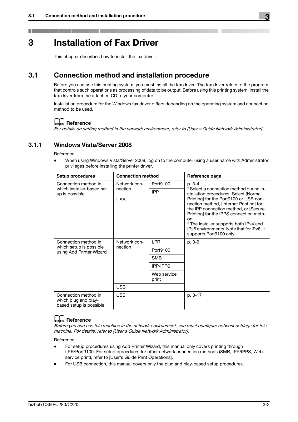 3 installation of fax driver, 1 connection method and installation procedure, 1 windows vista/server 2008 | Installation of fax driver, Connection method and installation procedure -2, Windows vista/server 2008 -2, 3installation of fax driver | Konica Minolta BIZHUB C360 User Manual | Page 13 / 72