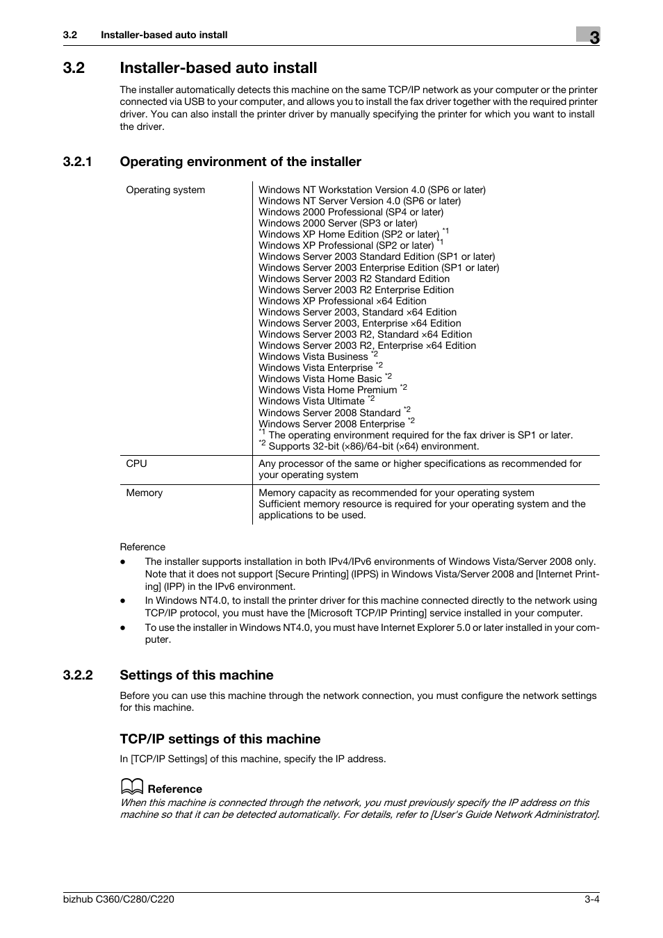 2 installer-based auto install, 1 operating environment of the installer, 2 settings of this machine | Tcp/ip settings of this machine, Installer-based auto install -4, Operating environment of the installer -4, P. 3-4 | Konica Minolta BIZHUB C360 User Manual | Page 15 / 72