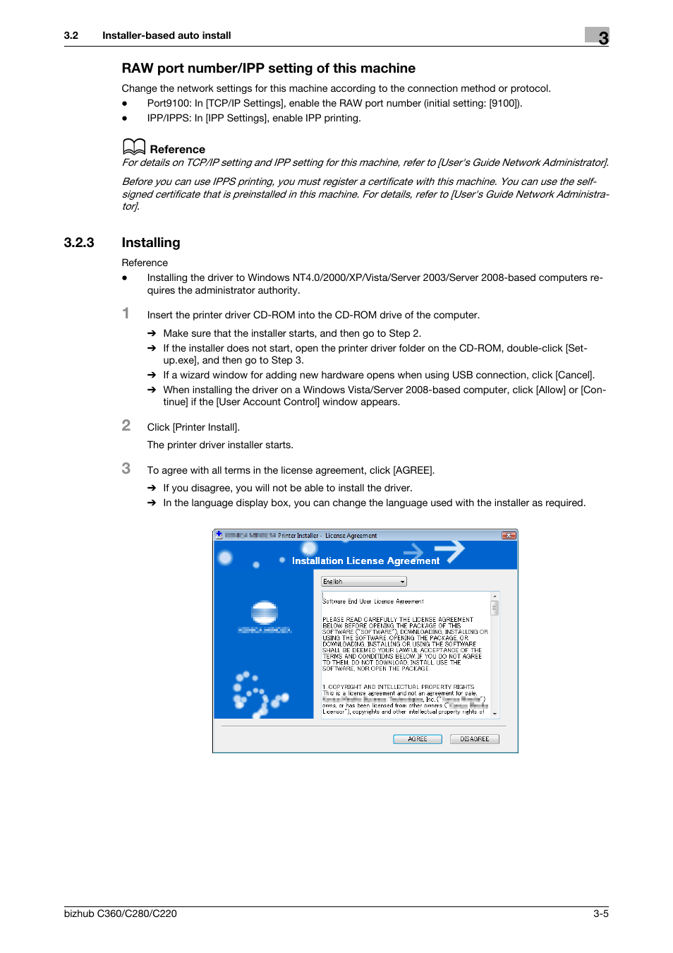 Raw port number/ipp setting of this machine, 3 installing, Raw port number/ipp setting of this machine -5 | Installing -5 | Konica Minolta BIZHUB C360 User Manual | Page 16 / 72