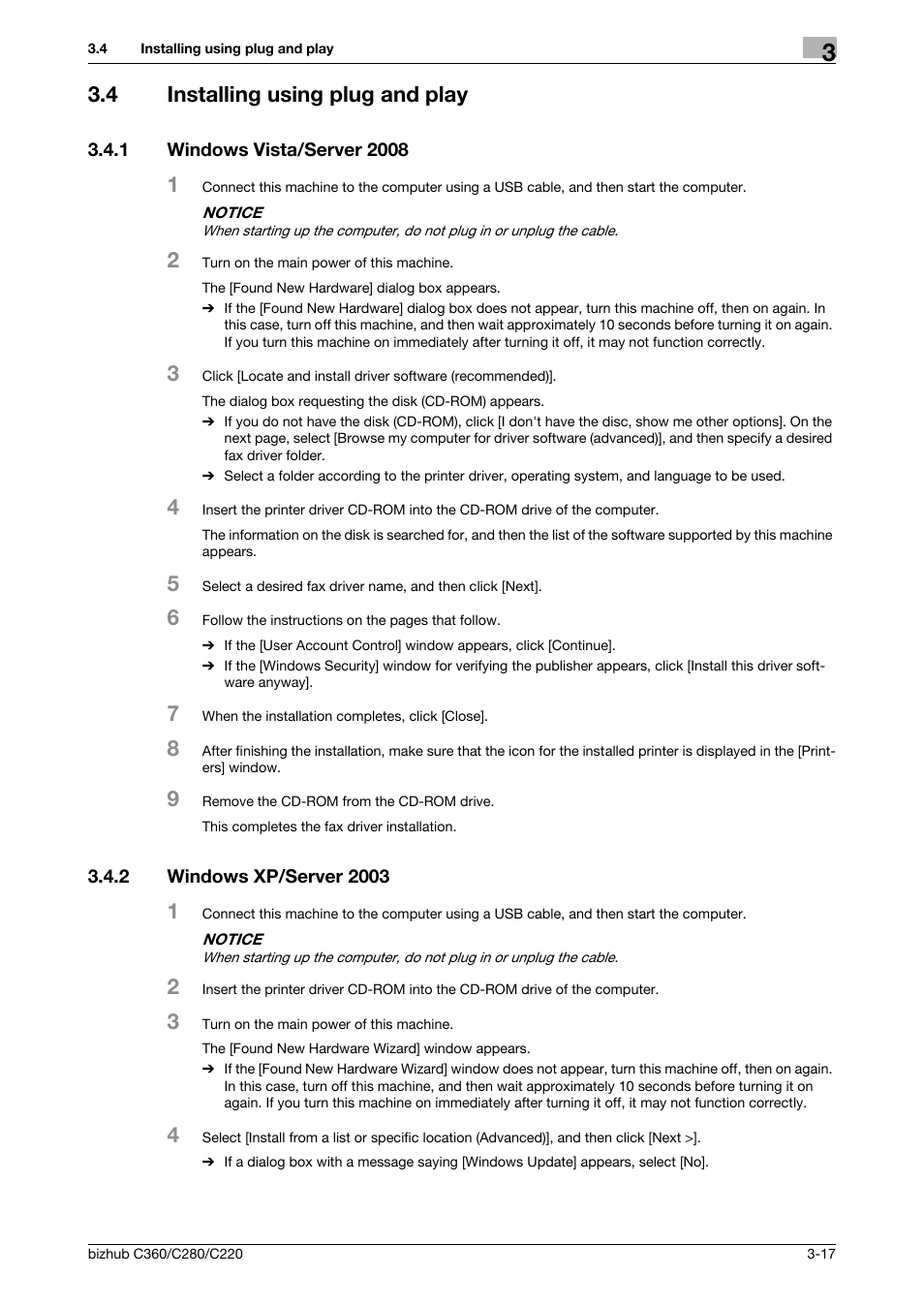 4 installing using plug and play, 1 windows vista/server 2008, 2 windows xp/server 2003 | Installing using plug and play -17, Windows vista/server 2008 -17, Windows xp/server 2003 -17, P. 3-17 | Konica Minolta BIZHUB C360 User Manual | Page 28 / 72