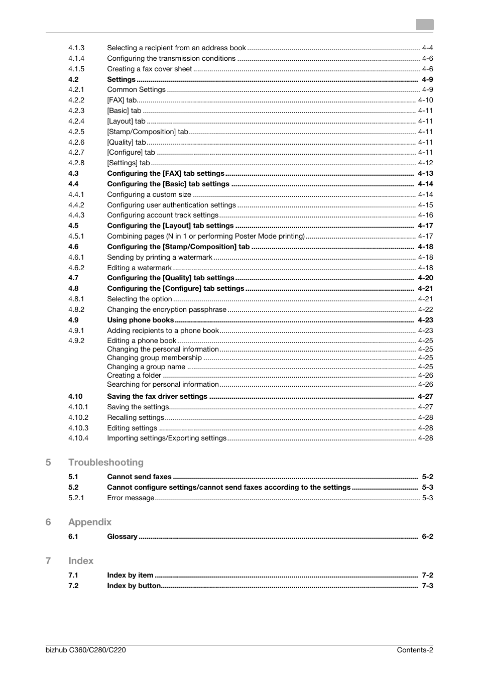 5troubleshooting, 6appendix, 7index | Konica Minolta BIZHUB C360 User Manual | Page 3 / 72