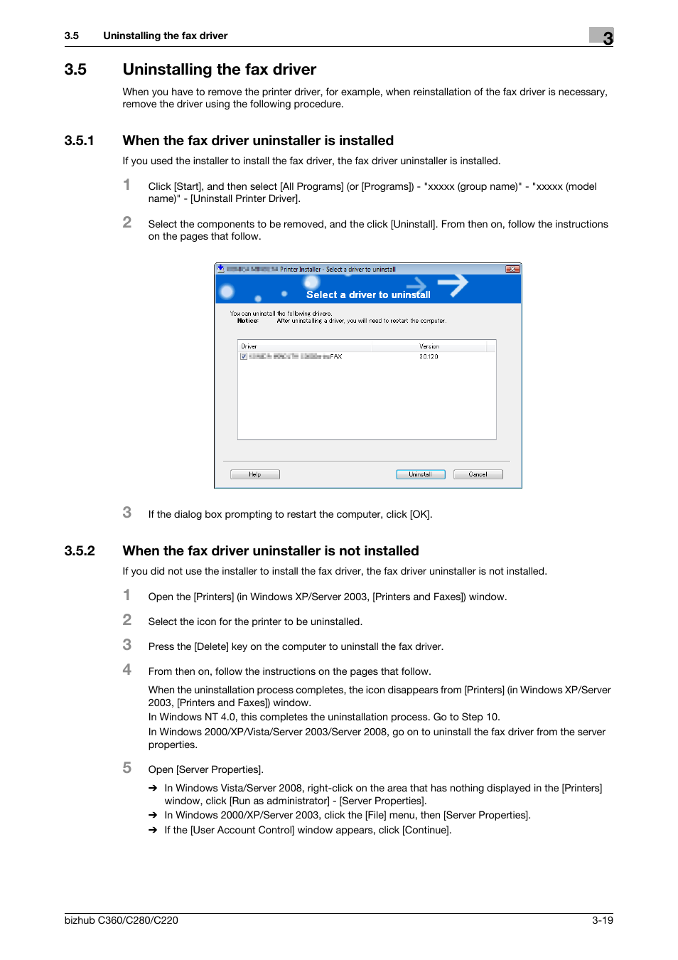 5 uninstalling the fax driver, 1 when the fax driver uninstaller is installed, 2 when the fax driver uninstaller is not installed | Uninstalling the fax driver -19, When the fax driver uninstaller is installed -19 | Konica Minolta BIZHUB C360 User Manual | Page 30 / 72