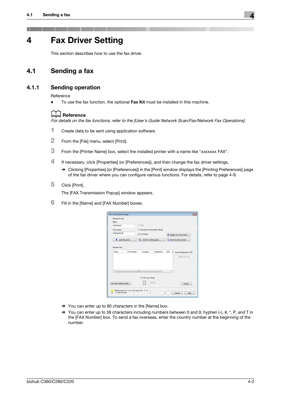 4 fax driver setting, 1 sending a fax, 1 sending operation | Fax driver setting, Sending a fax -2, Sending operation -2, 4fax driver setting | Konica Minolta BIZHUB C360 User Manual | Page 33 / 72