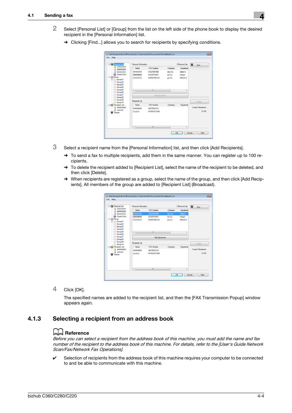 3 selecting a recipient from an address book, Selecting a recipient from an address book -4 | Konica Minolta BIZHUB C360 User Manual | Page 35 / 72