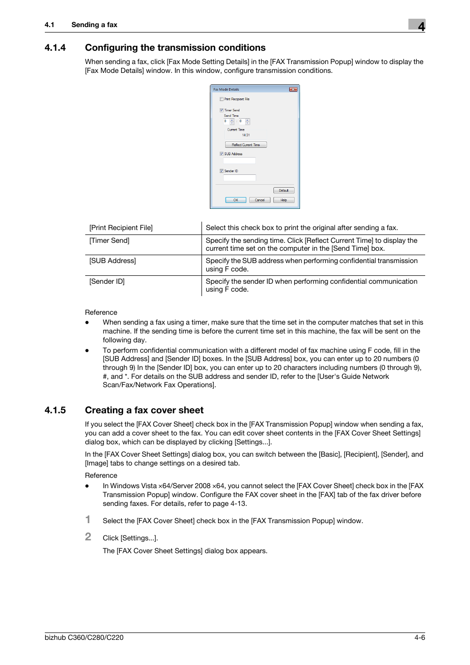 4 configuring the transmission conditions, 5 creating a fax cover sheet, Configuring the transmission conditions -6 | Creating a fax cover sheet -6 | Konica Minolta BIZHUB C360 User Manual | Page 37 / 72