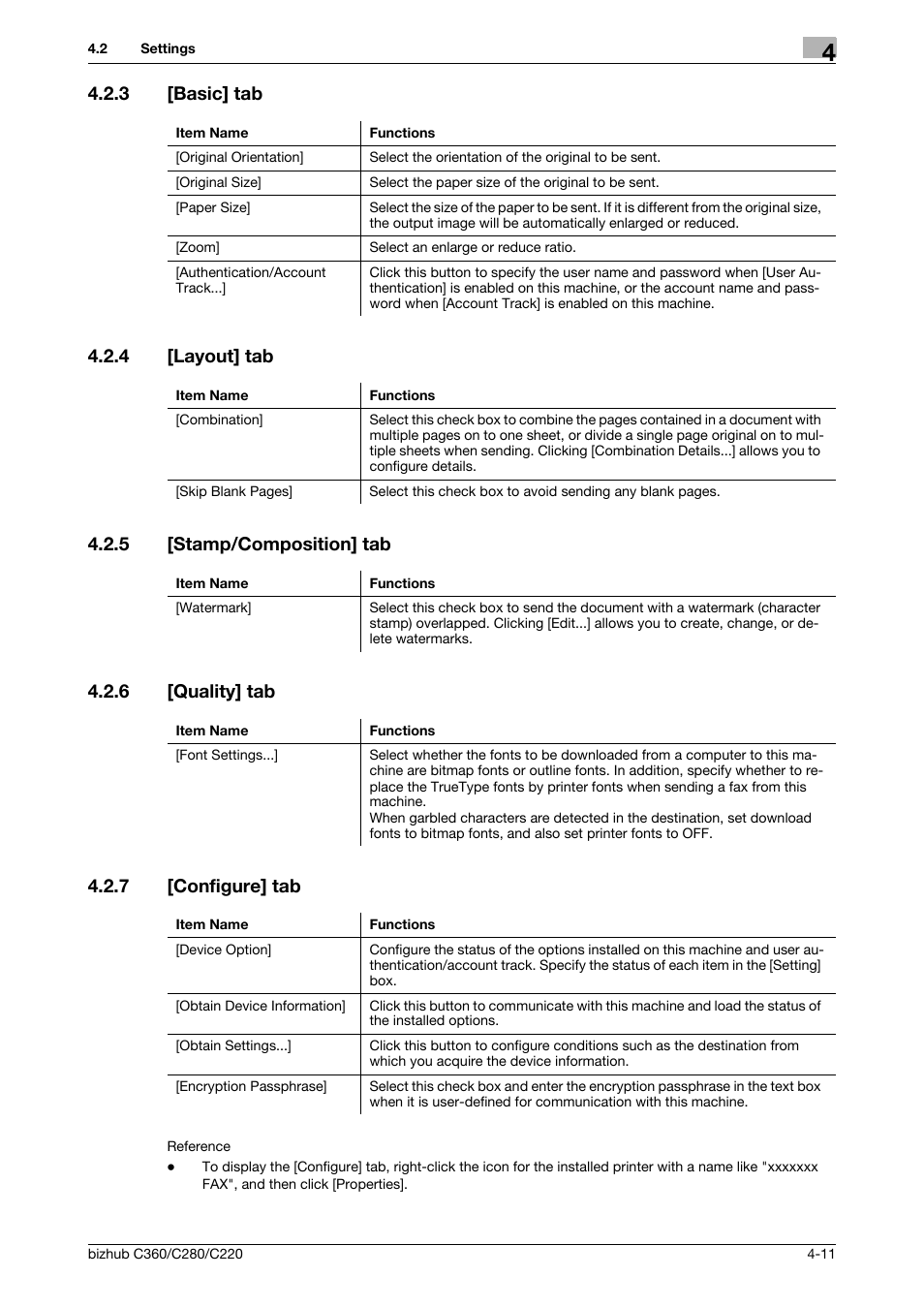 3 [basic] tab, 4 [layout] tab, 5 [stamp/composition] tab | 6 [quality] tab, 7 [configure] tab, Basic] tab -11, Layout] tab -11, Stamp/composition] tab -11, Quality] tab -11, Configure] tab -11 | Konica Minolta BIZHUB C360 User Manual | Page 42 / 72