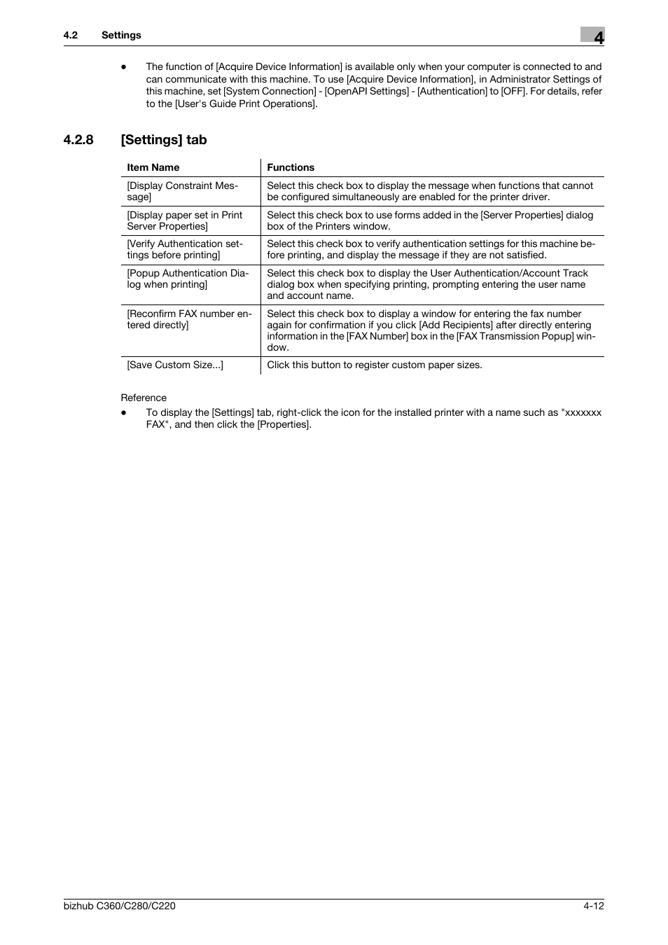 8 [settings] tab, Settings] tab -12 | Konica Minolta BIZHUB C360 User Manual | Page 43 / 72