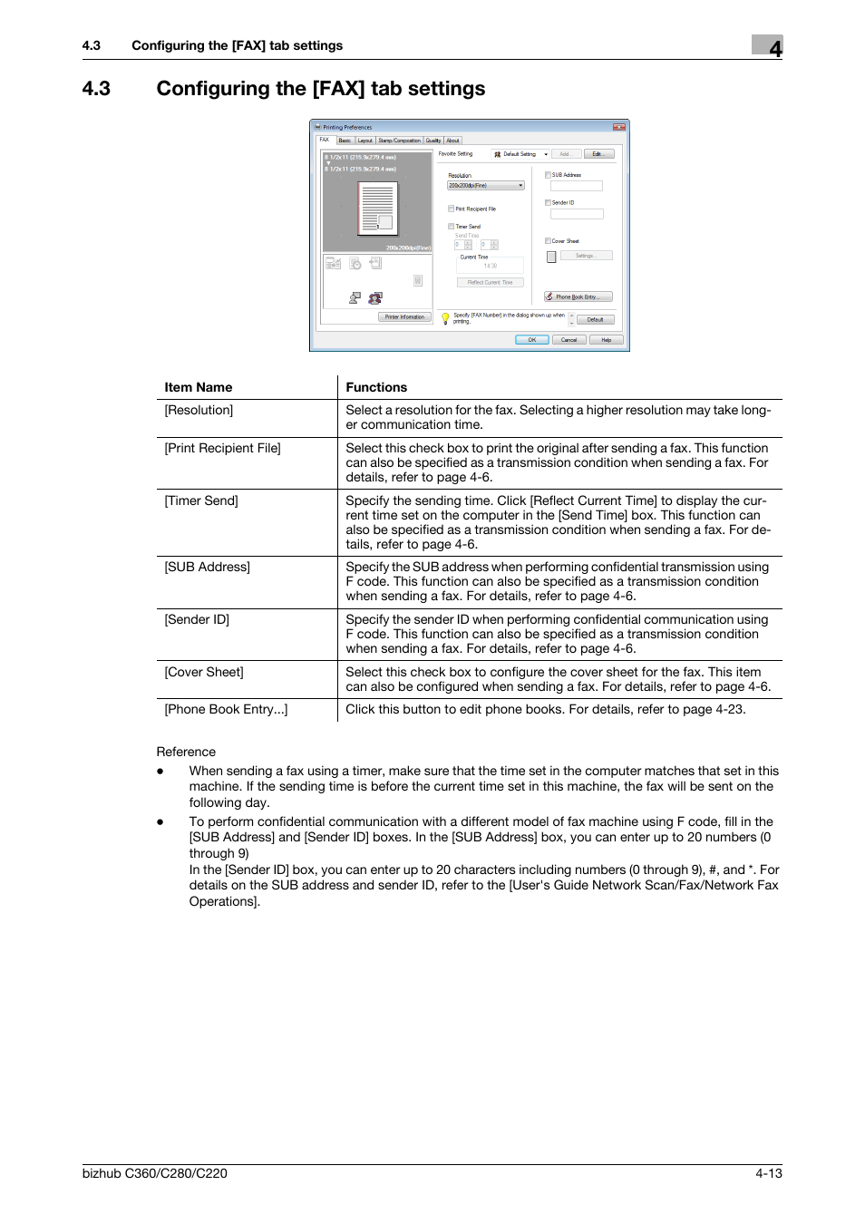 3 configuring the [fax] tab settings, Configuring the [fax] tab settings -13 | Konica Minolta BIZHUB C360 User Manual | Page 44 / 72