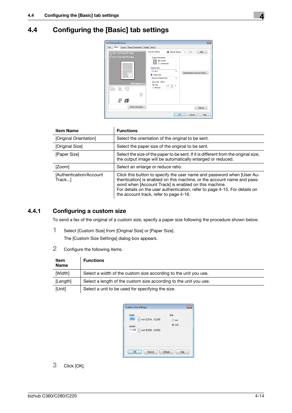 4 configuring the [basic] tab settings, 1 configuring a custom size, Configuring the [basic] tab settings -14 | Configuring a custom size -14 | Konica Minolta BIZHUB C360 User Manual | Page 45 / 72