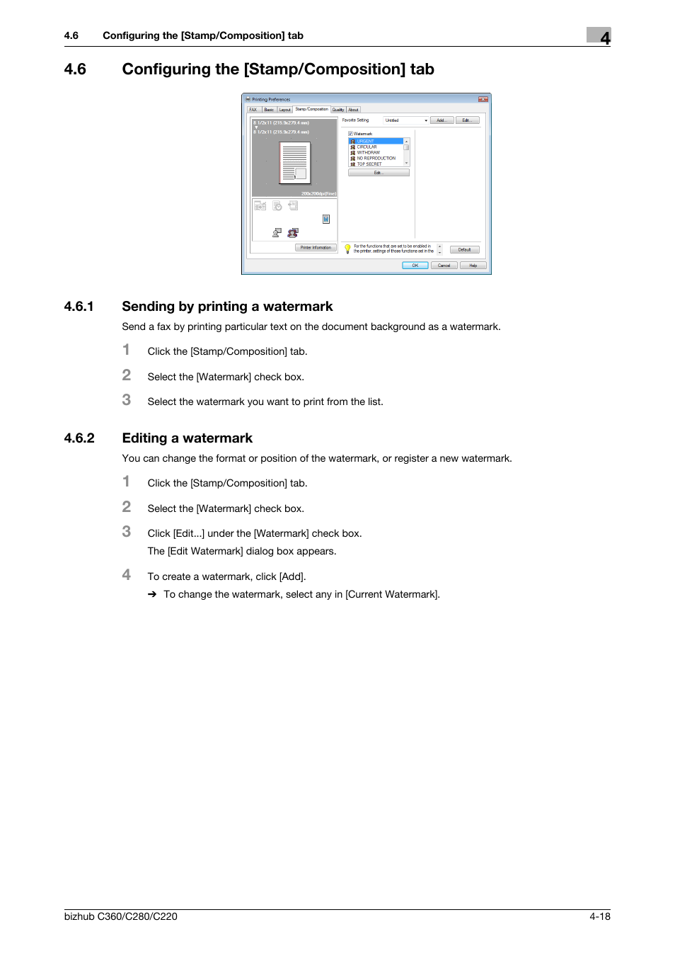 6 configuring the [stamp/composition] tab, 1 sending by printing a watermark, 2 editing a watermark | Configuring the [stamp/composition] tab -18, Sending by printing a watermark -18, Editing a watermark -18 | Konica Minolta BIZHUB C360 User Manual | Page 49 / 72