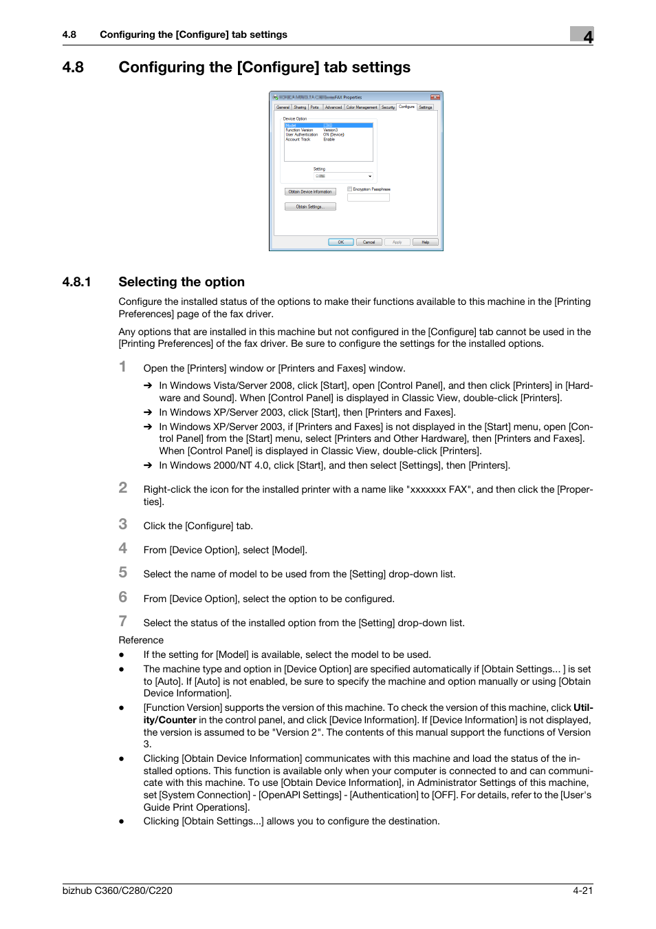 8 configuring the [configure] tab settings, 1 selecting the option, Configuring the [configure] tab settings -21 | Selecting the option -21 | Konica Minolta BIZHUB C360 User Manual | Page 52 / 72