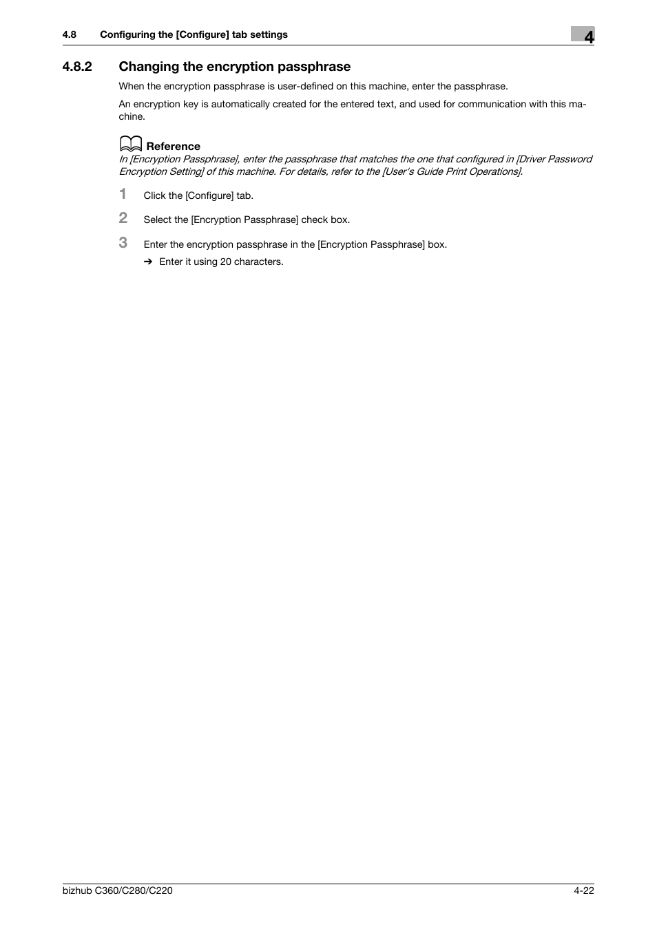 2 changing the encryption passphrase, Changing the encryption passphrase -22 | Konica Minolta BIZHUB C360 User Manual | Page 53 / 72