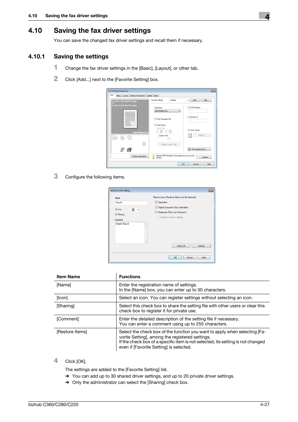 10 saving the fax driver settings, 1 saving the settings, Saving the fax driver settings -27 | Saving the settings -27 | Konica Minolta BIZHUB C360 User Manual | Page 58 / 72