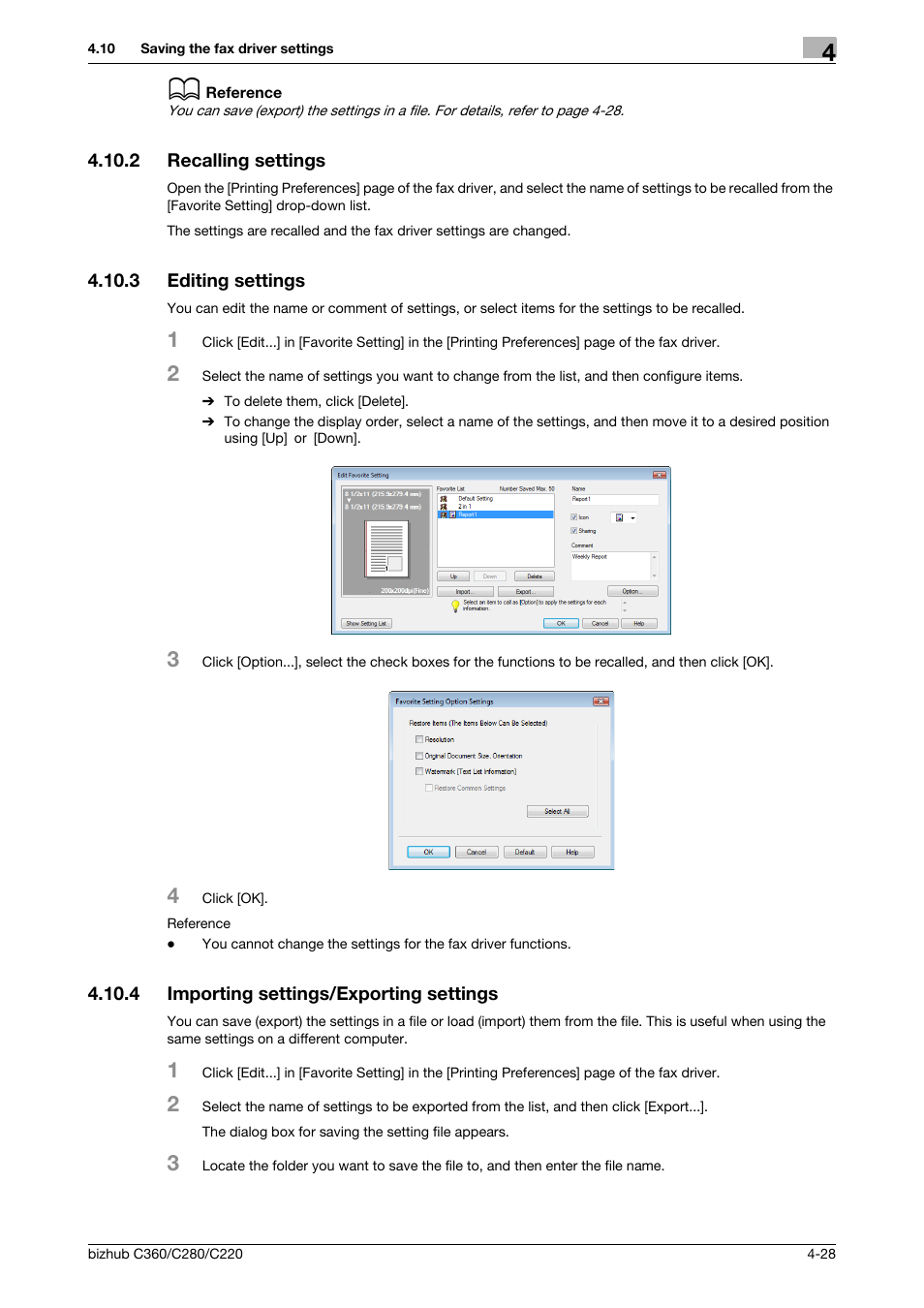 2 recalling settings, 3 editing settings, 4 importing settings/exporting settings | Recalling settings -28, Editing settings -28, Importing settings/exporting settings -28 | Konica Minolta BIZHUB C360 User Manual | Page 59 / 72