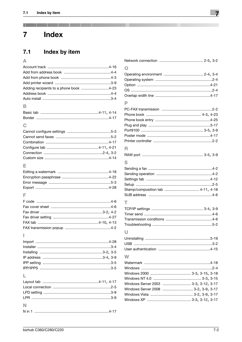 7 index, 1 index by item, A to w | Index, Index by item -2, 7index | Konica Minolta BIZHUB C360 User Manual | Page 70 / 72