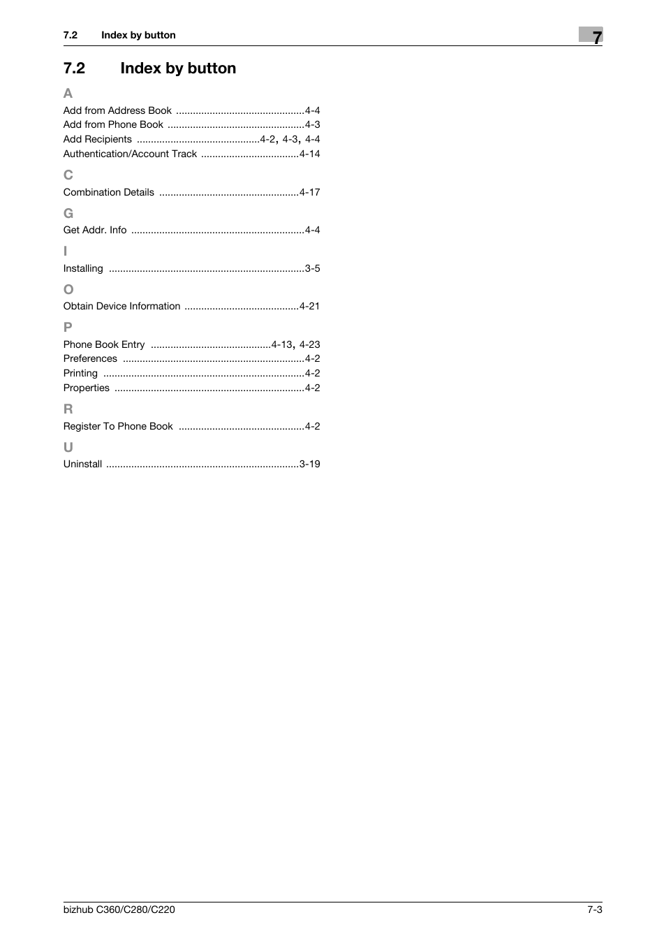 2 index by button, A to u, Index by button -3 | Konica Minolta BIZHUB C360 User Manual | Page 71 / 72